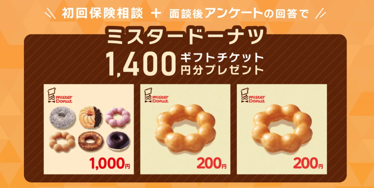 保険クリニック 無料相談キャンペーン 初回保険相談+面談後アンケートの回答でミスタードーナツギフトチケット1,400円分プレゼント